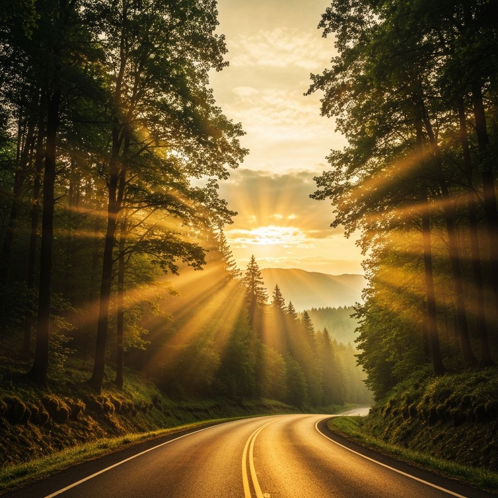 Winding road leading toward sunrise through green forest